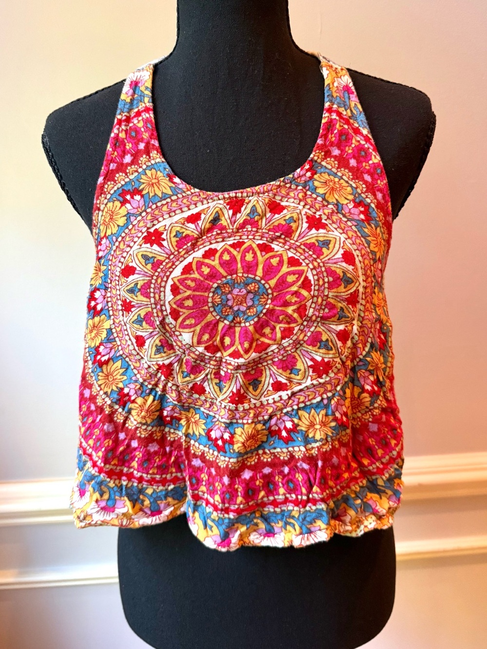 Billabong Boho Mandala‎ Halter Crop Top Open Back Tie Floral Medium